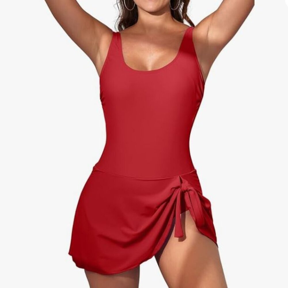 NEW Eomenie Swim Dress 1 Piece Swimsuit Red Stretch Tie Up Skirt 20W